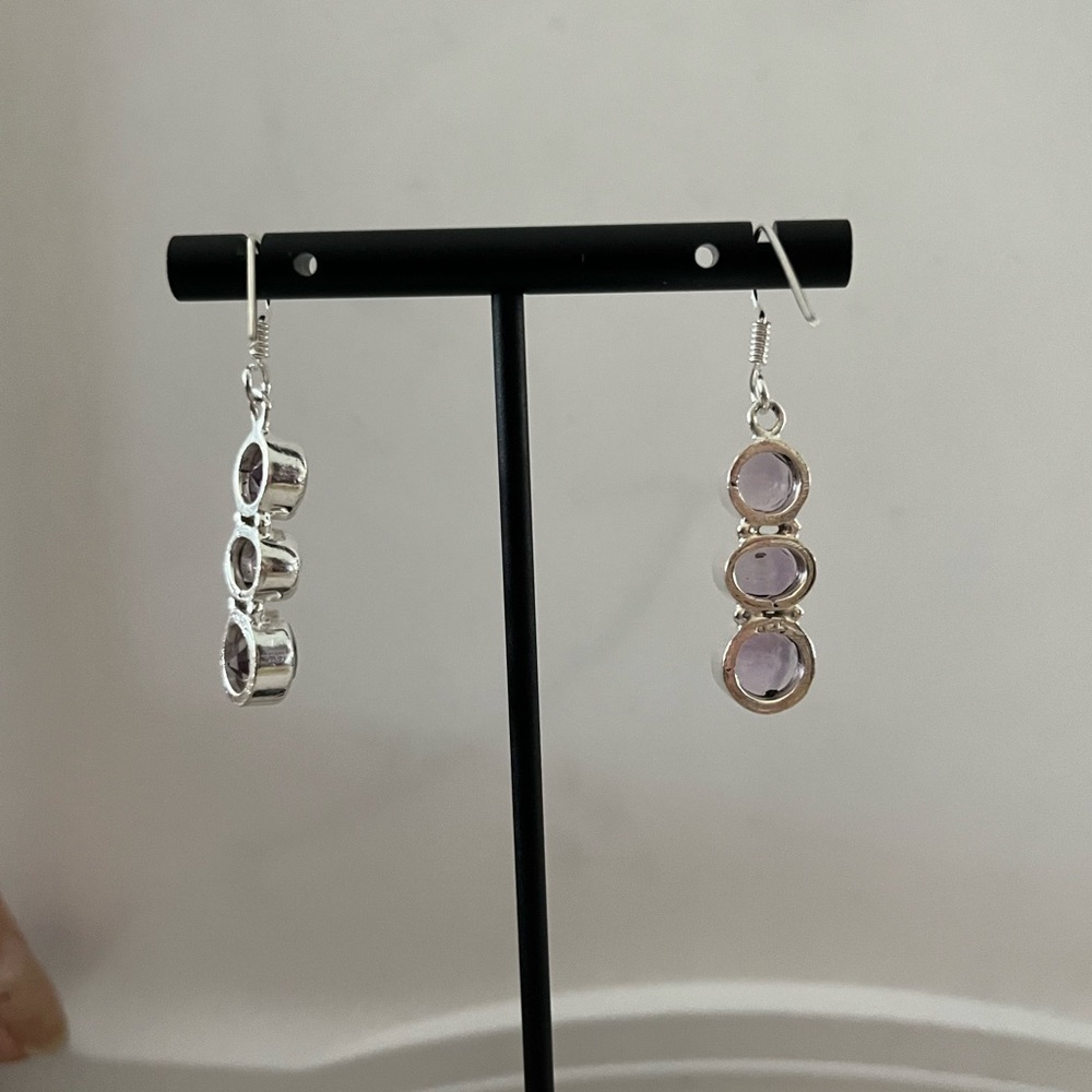 Sterling Silver Purple Stone Drop Earrings | 3 Stone Dangle | Amethyst Look - Picture 4 of 4